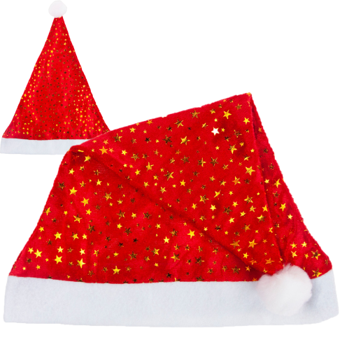TG53088 čepice Santa Clause s hvězdičkami, vánoční čepice s bambulí, hvězdička, svátky, kostým