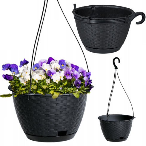 DSPW230-S433 závěsný květináč, průměr 23 cm, ratanový, antracitový, kulatý, s háčkem, objem 3 l