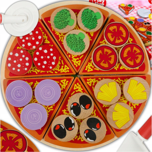 TG50033 dřevěná pizza na krájení, skládačka se suchým zipem, suché zipy, příslušenství, nůž
