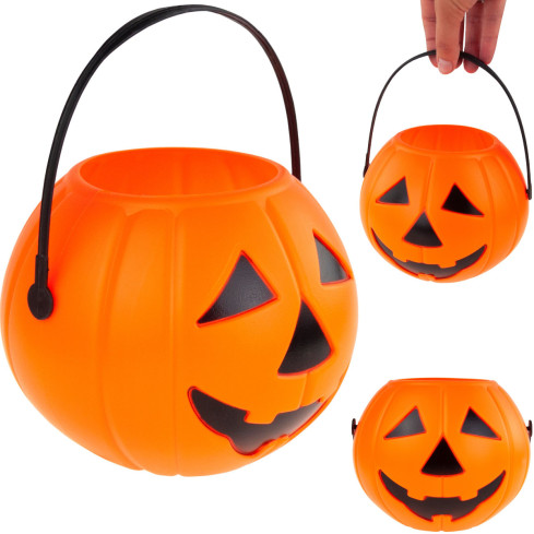 Kbelíček na sladkosti a bonbóny, plastový, oranžový, ve tvaru dýně, s uchem, halloweenská dekorace, průměr 15 cm