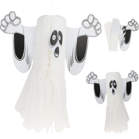 Halloweenská závěsná dekorace, papírová, bílá, duch, 3D, 38 cm