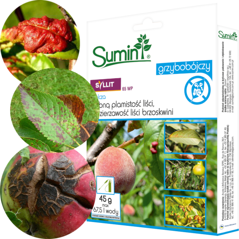 SUM21 syllit 65 wp 45 g, fungicid Sumin, kudrnatost broskvoní, skvrnitost listů, strupovitost