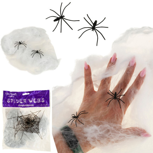 Umělá pavučina s pavouky, bílá, halloweenská dekorace, 22 g, 2 pavouci.