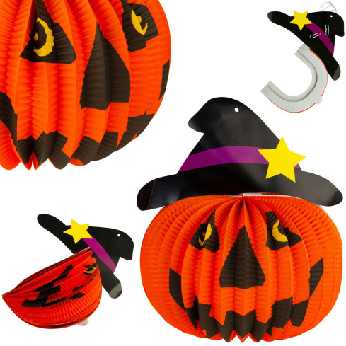Halloweenská závěsná dekorace, papírová, oranžová, dýně, skládací závěs, 25 cm