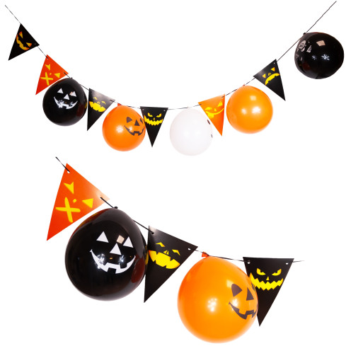 Halloweenská girlanda s balónky, papírová, směs barev, s dýněmi, přívěsky, 3 m