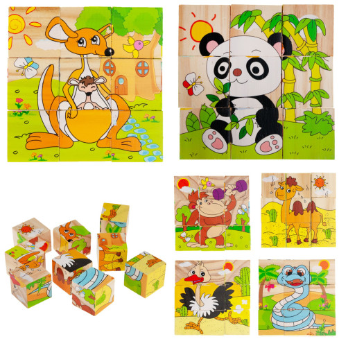 TG50051 dřevěné kostky, vzdělávací puzzle, skládačka 6 v 1, zvířata ze zoo, 9 dílků