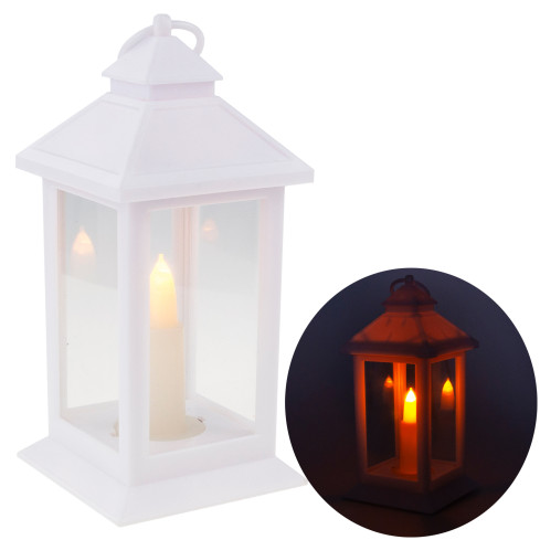 LED lucerna, bílá, na baterie, teplé světlo, imituje plamen, s uchem, výška 17 cm