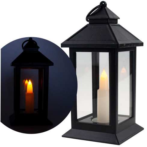 LED lucerna, černá, na baterie, teplé světlo, imituje plamen, s držadlem, výška 17 cm