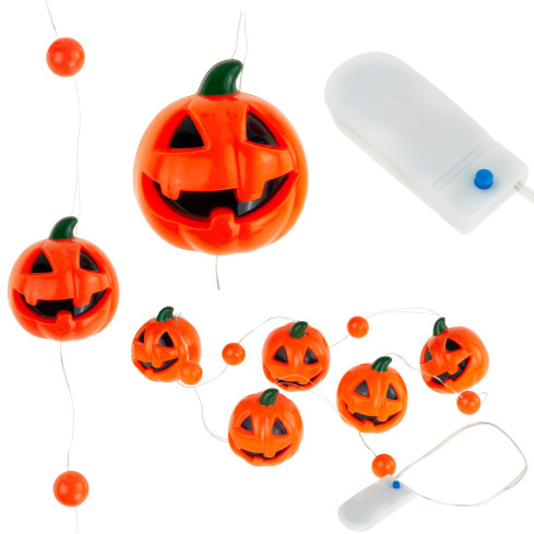 Halloweenská girlanda s dýněmi, oranžová, svítící LED řetěz ve tvaru dýní, 5 ks, délka 110 cm
