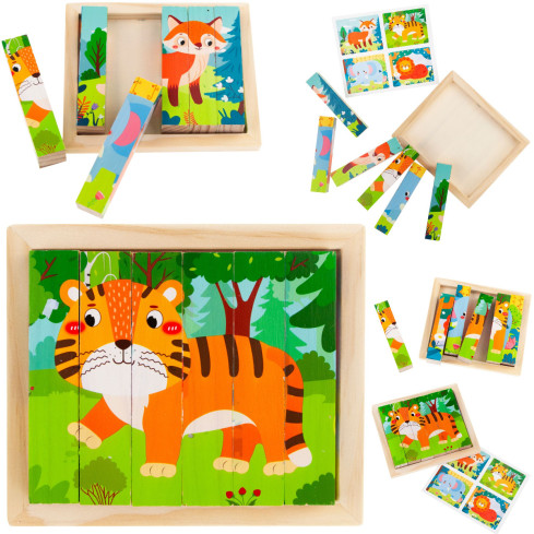 TG67009 skládačka, kostky, dřevěná skládačka se zvířátky 4 v 1 – zoo, safari, vzdělávací