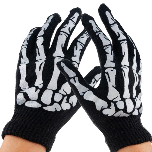 Rukavice s potiskem, černé, kosti, kostra, doplněk k maškarnímu kostýmu, Halloween, univerzální, 1 pár