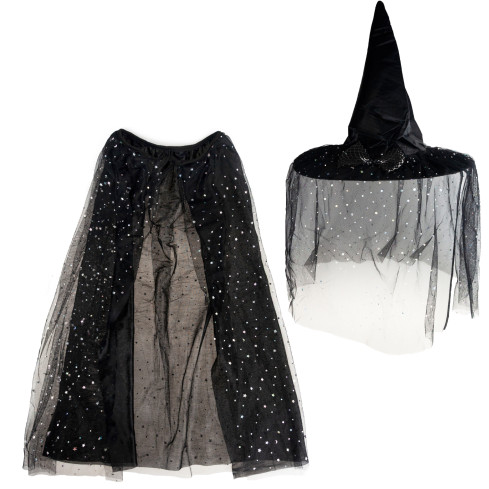 Kostým čarodějnice, černý, lesklý, pro holčičku, klobouk a pláštěnka, halloweenský kostým, sada