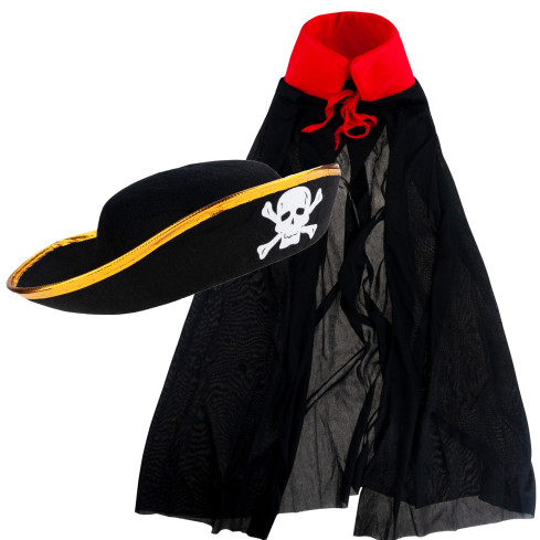 Pirátský kostým, černý, dětský halloweenský kostým, čepice a plášť, sada