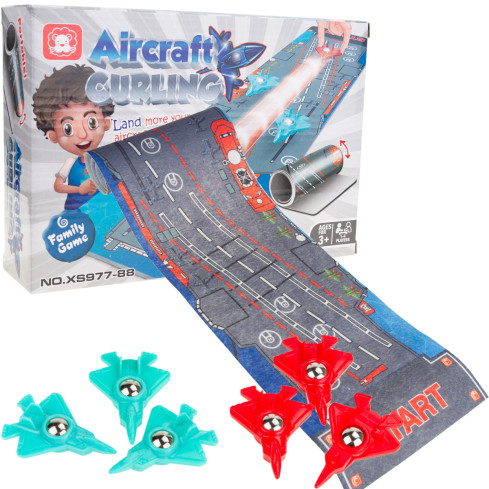 TG72958 rodinná dovednostní hra – podložka na mini curling + 6 letadel na závody