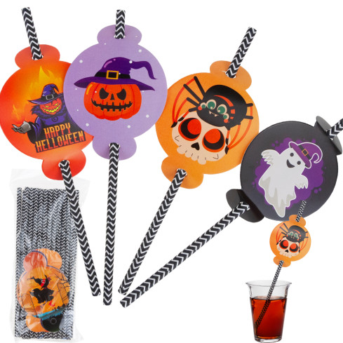 TG73018 Papírové brčka s halloweenským motivem – ekologické trubičky s duchy, dýní a netopýrem