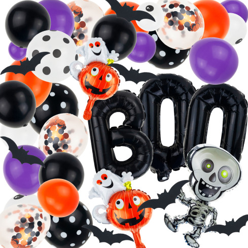 TG74137 sada halloweenských dekorací: girlanda, fóliové a latexové balónky, nápis „kostlivec“