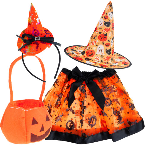 Kostým čarodějnice, šaty čarodějky, oranžovo-černé, pro holčičky, na halloweenský ples, komplet