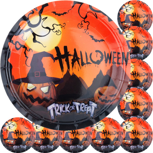 Jednorázové papírové talíře, halloweenský motiv s dýněmi a duchy, párty sada, 10 ks/sada