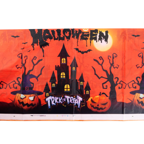 Stolní ubrus, z fólie, oranžový, halloweenská dekorace, stolní ozdoby, s dýněmi, 1 ks.