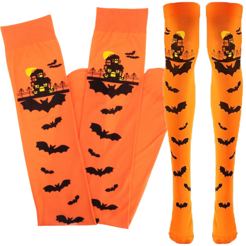 Podkolenky, oranžové, s halloweenským motivem, s netopýry, na večírek, 1 pár