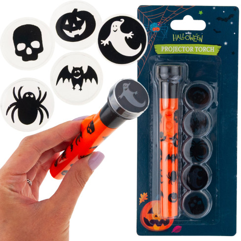 Projektorová svítilna s nástavci, plastová, směs halloweenských motivů, na baterie, 5 motivů, sada