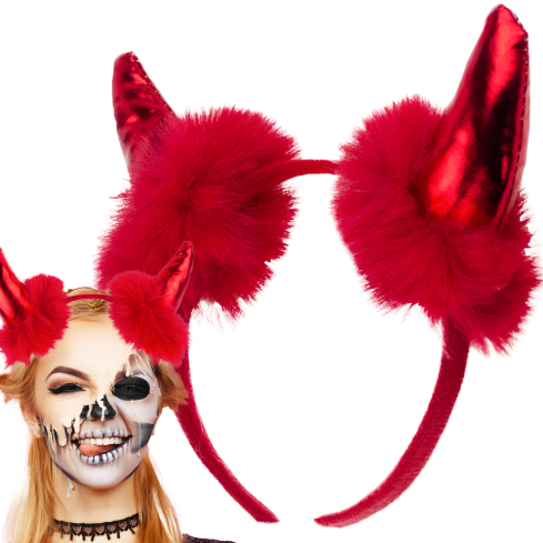 TG84488 čelenka s rohy na Halloween s kožešinou, červená