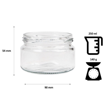 Skleněná sklenice 250 ml, sklenice na zavařeniny, med, džem a marmeládu, průměr 82