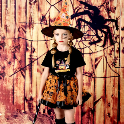 Kostým čarodějnice, šaty čarodějky, oranžovo-černé, pro holčičky, na halloweenský ples, komplet