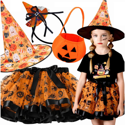Kostým čarodějnice, šaty čarodějky, oranžovo-černé, pro holčičky, na halloweenský ples, komplet