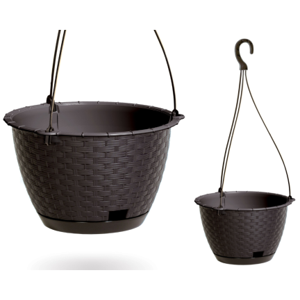DSPW230-S433 závěsný květináč, průměr 23 cm, ratanový, antracitový, kulatý, s háčkem, objem 3 l