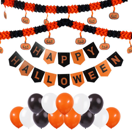 Halloweenská girlanda, papírová, oranžovo-černá, s dýněmi, 3 m