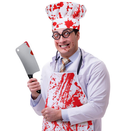 Umělý sekáček, plastový, zakrvácený, halloweenská dekorace, doplněk k kostýmu, 29 cm