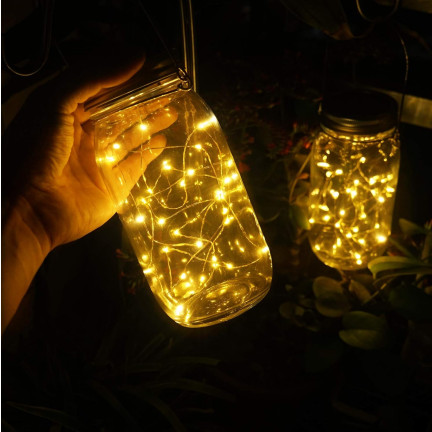 TG77618 LED zahradní lampa, solární závěsná lucerna, skleněná nádoba, řetěz s 10 LED diodami, teplá bílá