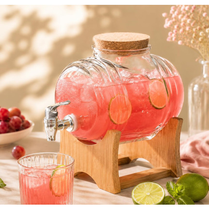 Skleněný sud, nádoba s kohoutkem, se stojanem, nádoba na whisky, limonádu, nápoje a vodu, 3 l