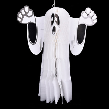 Halloweenská závěsná dekorace, papírová, bílá, duch, 3D, 38 cm