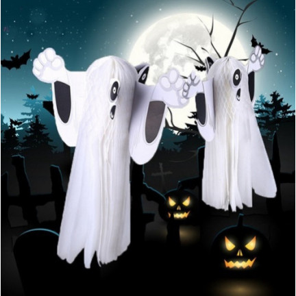 Halloweenská závěsná dekorace, papírová, bílá, duch, 3D, 38 cm