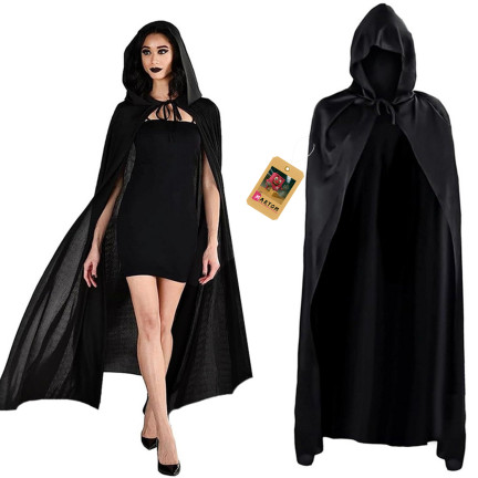 Plášť s kapucí, černý, pro čarodějku, pro upíra, halloweenský kostým, univerzální