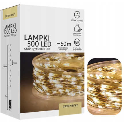 Mikro LED žárovky na cívce, 500 ks, vánoční, teplá bílá, 3+50 m