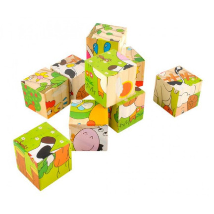 TG50051 dřevěné kostky, vzdělávací puzzle, skládačka 6 v 1, zvířata ze zoo, 9 dílků