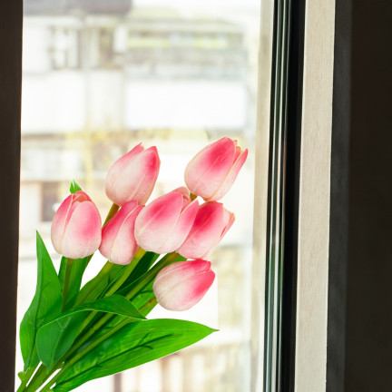 CV26807-8 tulipán, kytice z pěnových tulipánů X7, růžové umělé tulipány v kytici
