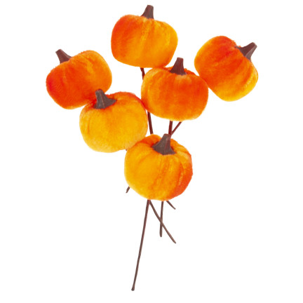 CV36807 umělé dýně na tyčce, velurové, oranžové, na podzim a Halloween, 6 ks