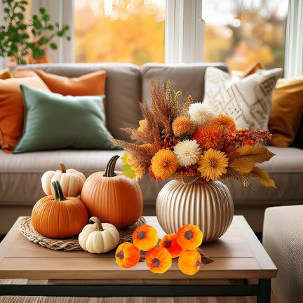 CV36807 umělé dýně na tyčce, velurové, oranžové, na podzim a Halloween, 6 ks
