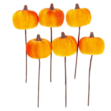 CV36807 umělé dýně na tyčce, velurové, oranžové, na podzim a Halloween, 6 ks