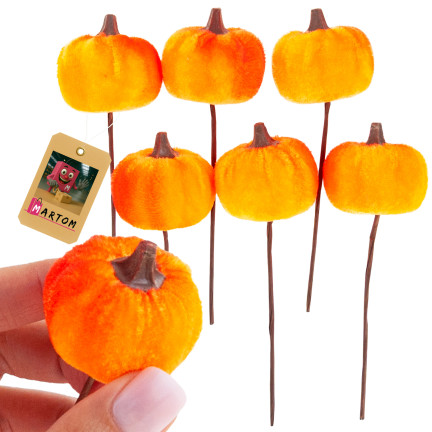 CV36807 umělé dýně na tyčce, velurové, oranžové, na podzim a Halloween, 6 ks