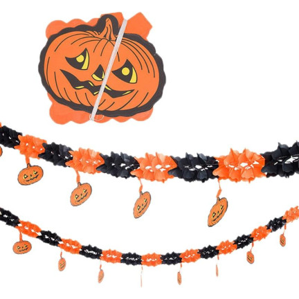 Halloweenská girlanda, papírová, oranžovo-černá, s dýněmi, 3 m