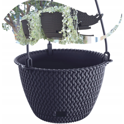 DSPW230-S433 závěsný květináč, průměr 23 cm, ratanový, antracitový, kulatý, s háčkem, objem 3 l