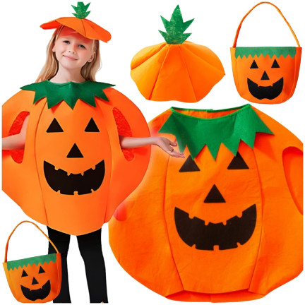 Kostým ve tvaru dýně, z netkané textilie, oranžový, s motivem dýně, dětský halloweenský kostým, velikost S, komplet