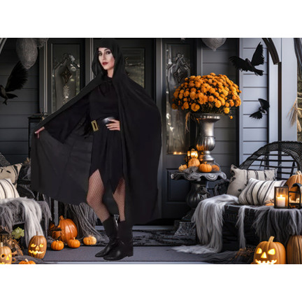 Plášť s kapucí, černý, pro čarodějku, pro upíra, halloweenský kostým, univerzální