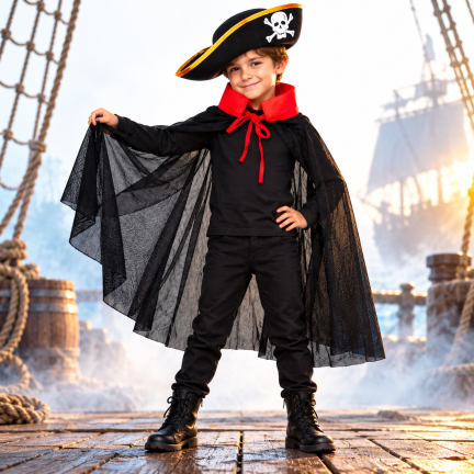 Pirátský kostým, černý, dětský halloweenský kostým, čepice a plášť, sada
