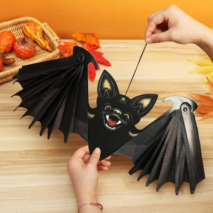 Závěsný netopýr, papírový, černý, skládací, halloweenská dekorace, 19 x 60 cm